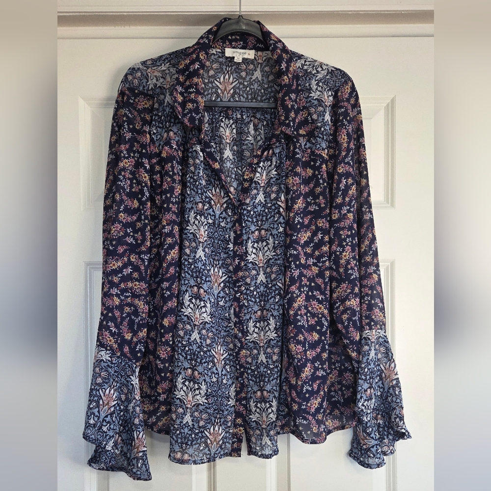 Umgee Blue Floral Mixed Print Boho Blouse with Metallic Thread - Size 1X